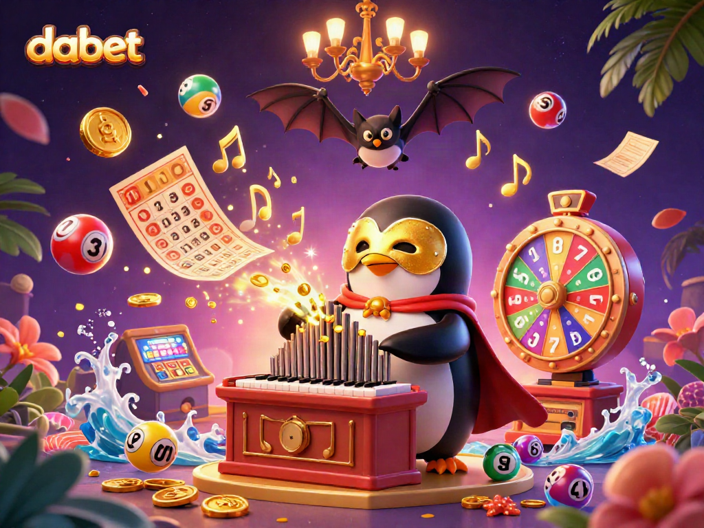 Dabet penguin plays an organ shooting coins, bat acrobat above, showcasing an exciting casino atmosphere.