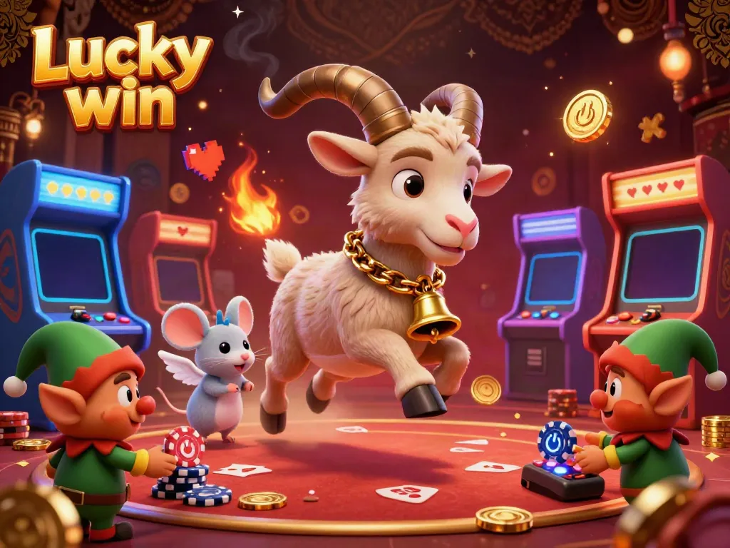 Experience the thrill of Lucky win with Krampus and characters in a dynamic casino scene.