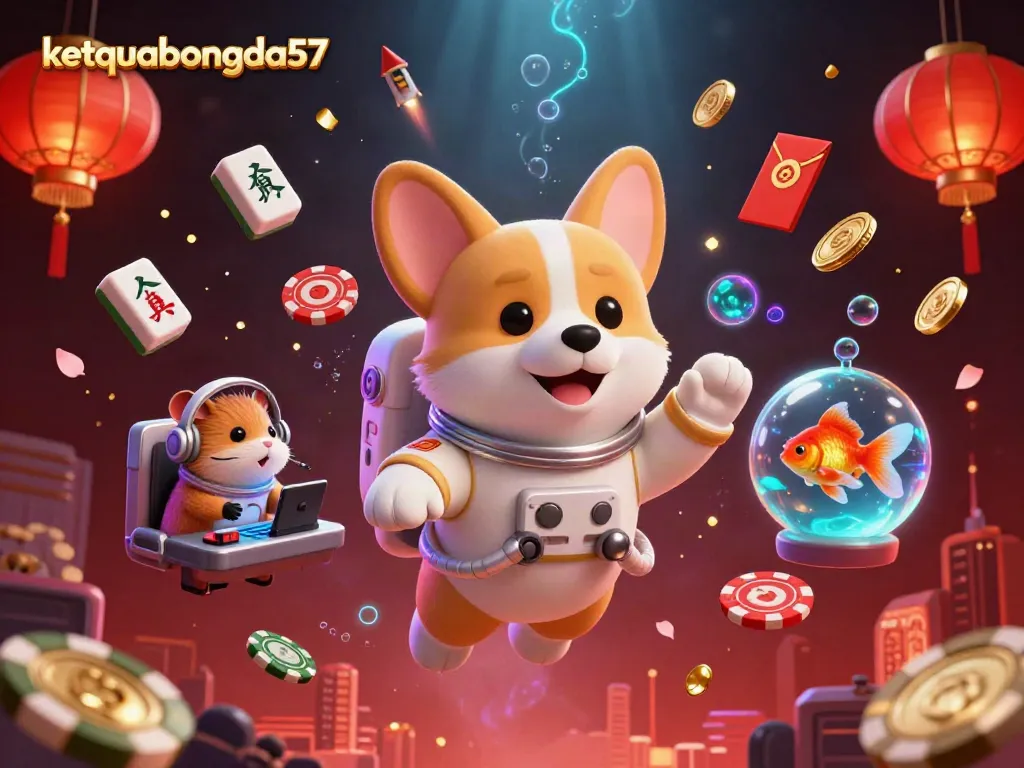 Interactive ketquabongda57 scene with a playful astronaut corgi and a hamster directing casino action.