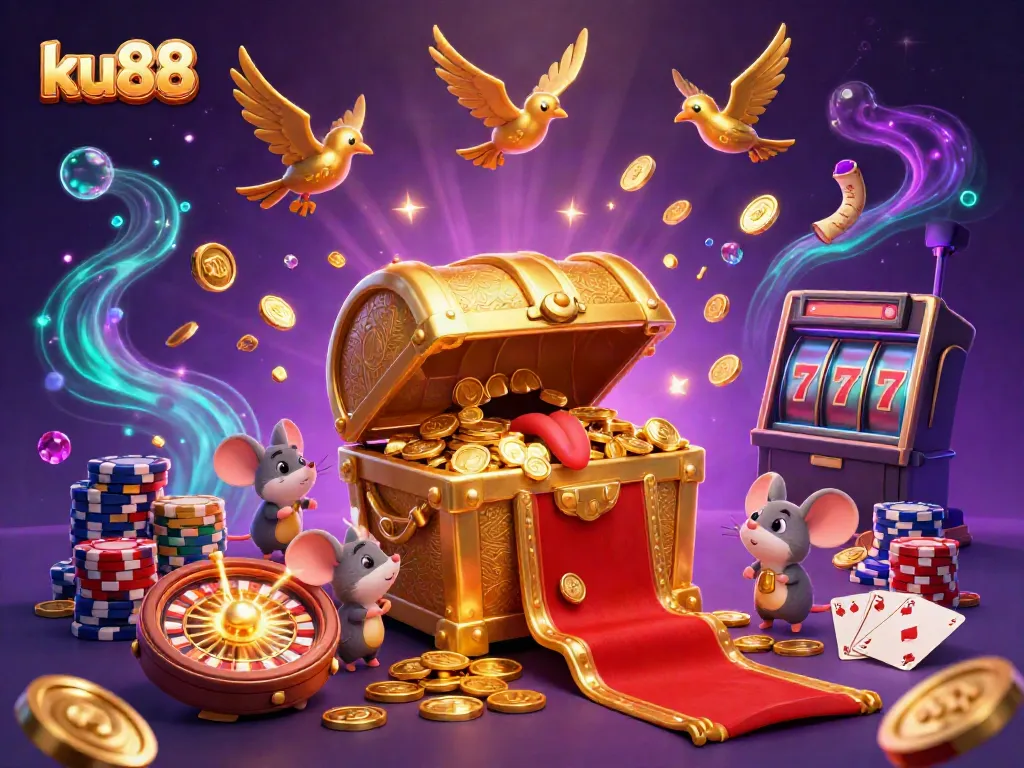 Experience the thrill with ku88's vibrant casino elements, showcasing a treasure chest and dynamic game features.