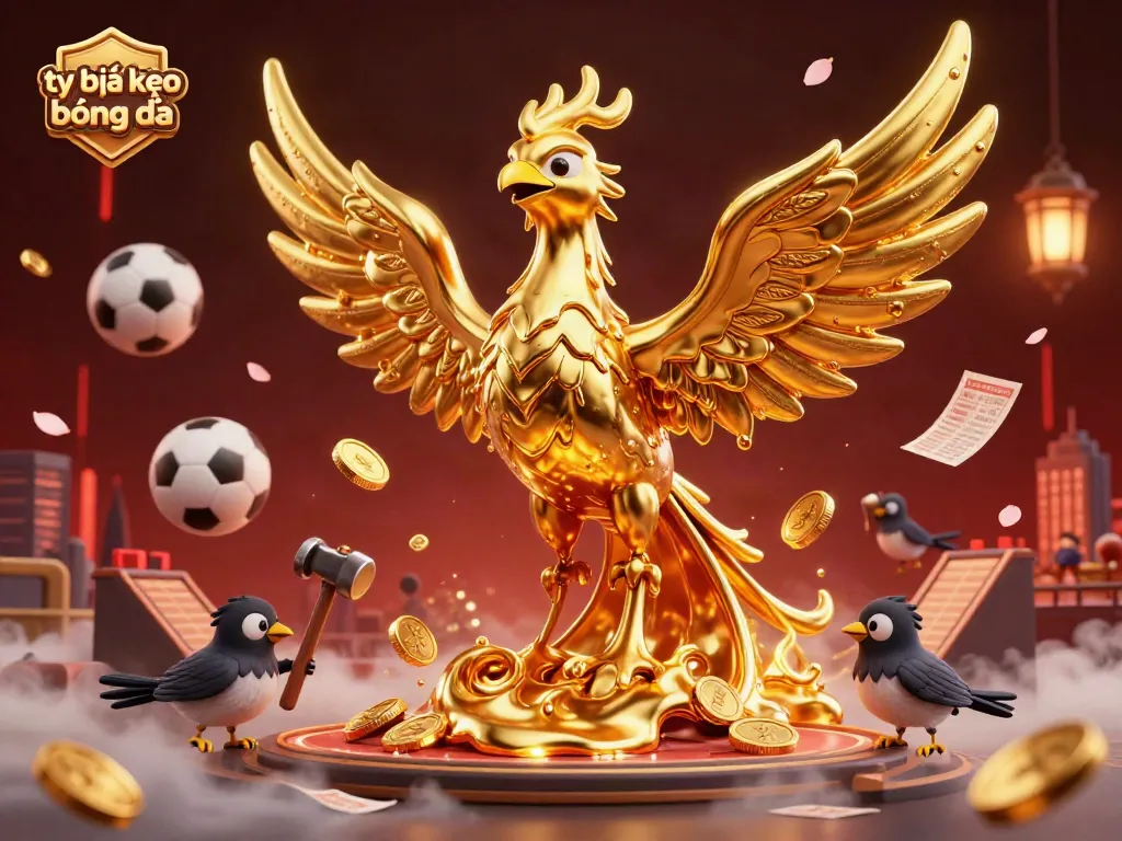 Visualize the excitement of tỷ lệ kèo bóng đá betting with a vibrant golden phoenix and dynamic sports elements.