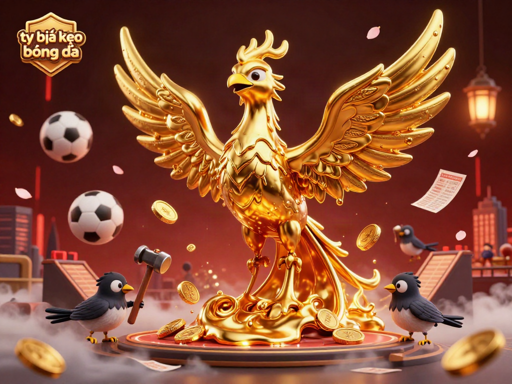 Visualize the excitement of tỷ lệ kèo bóng đá betting with a vibrant golden phoenix and dynamic sports elements.