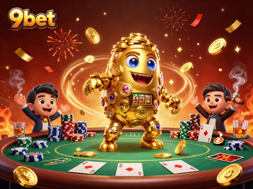 Experience the thrill of play at 9bet with a dynamic scene featuring a golden golem, poker elements, and vibrant confetti.