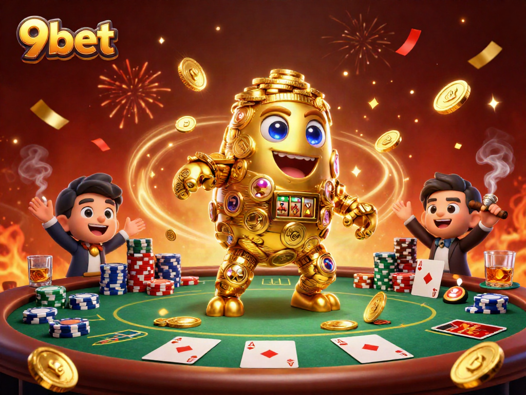 Experience the thrill of play at 9bet with a dynamic scene featuring a golden golem, poker elements, and vibrant confetti.
