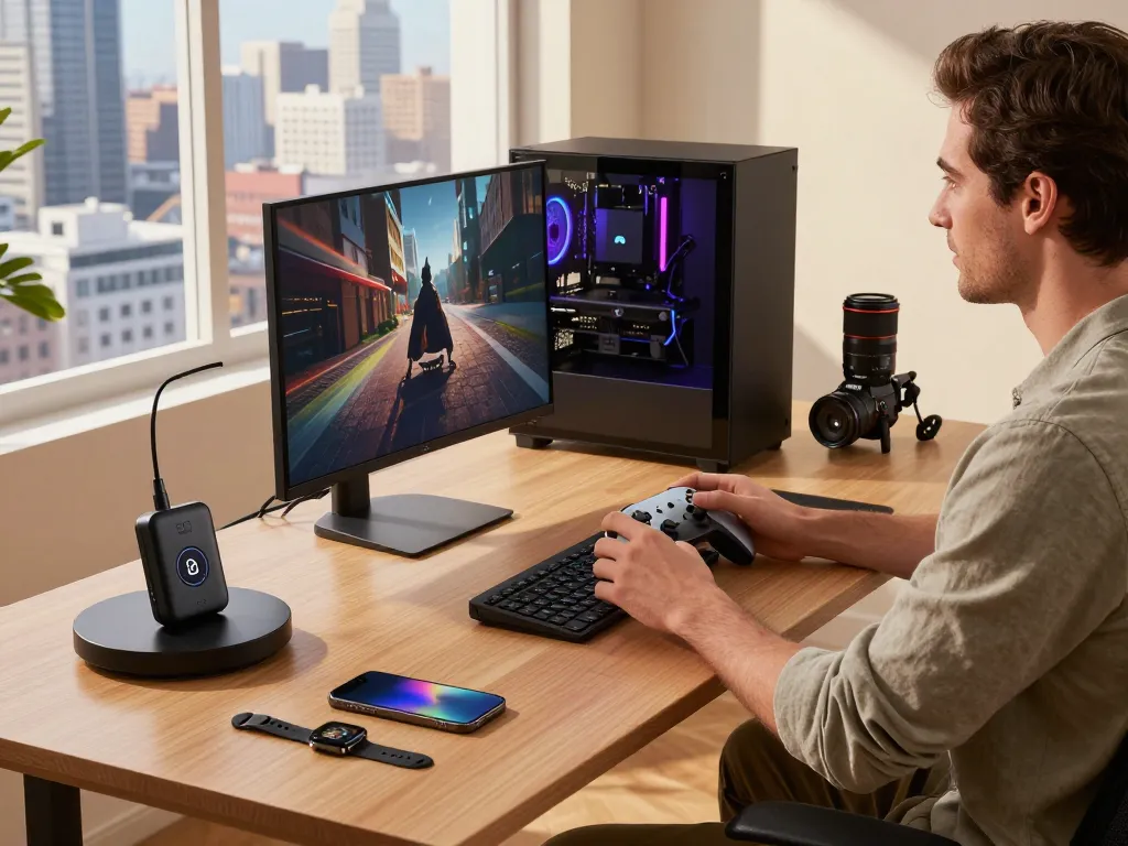 Best tech gadgets for men showcased in a modern gaming setup with stylish controllers and Bluetooth devices.