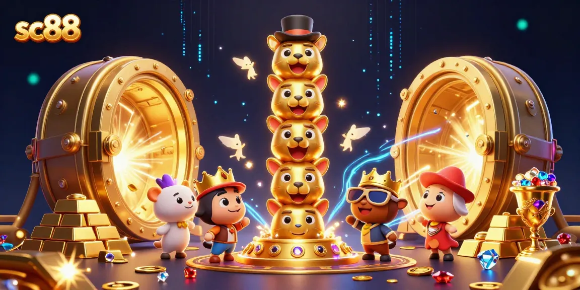 Engage with sc88 in this vibrant 3D illustration showcasing a playful golden totem pole amidst casino riches.