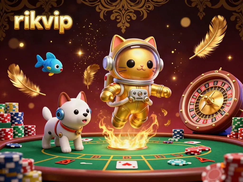 Experience the thrill of rikvip as a golden astronaut cat and robot dog navigate a vibrant casino universe filled with dynamic gambling action.