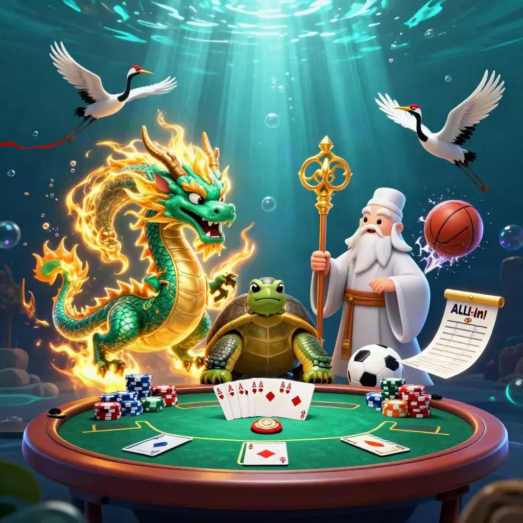 Mavi-yeşil sualtı ışıklarında ejderha, kaplumbağa ve turnalar; poker ve toplarla çarpıcı sahne.