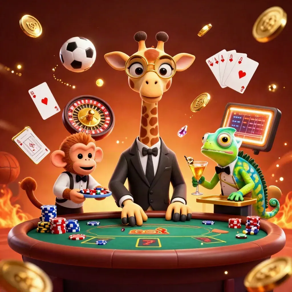 Altın jetonlar, hayvan krupiyeler ve neon ışıklarla lüks casino sahnesi.