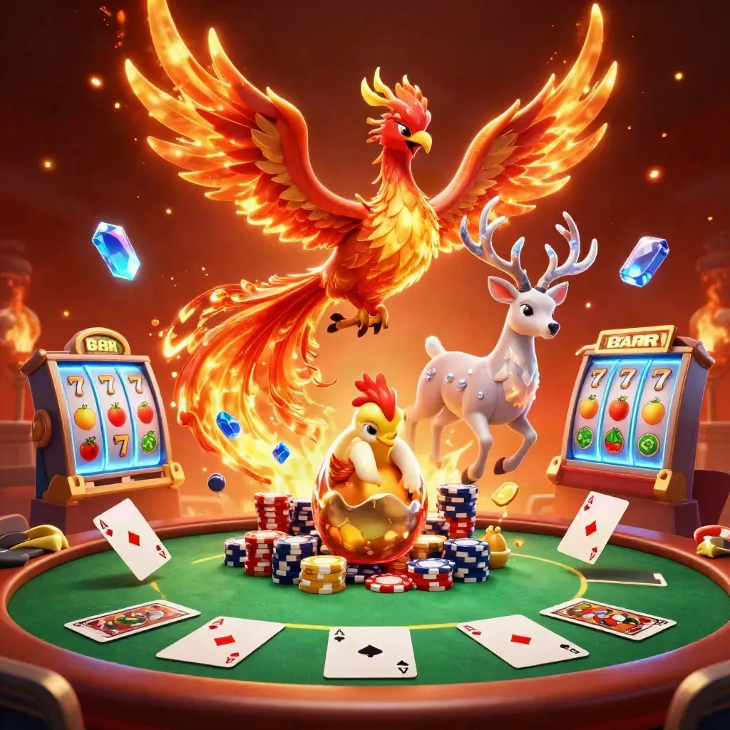 Alevli anka, yavru anka ve kristal boynuzlu geyik; poker jetonları ve slot efektleri.