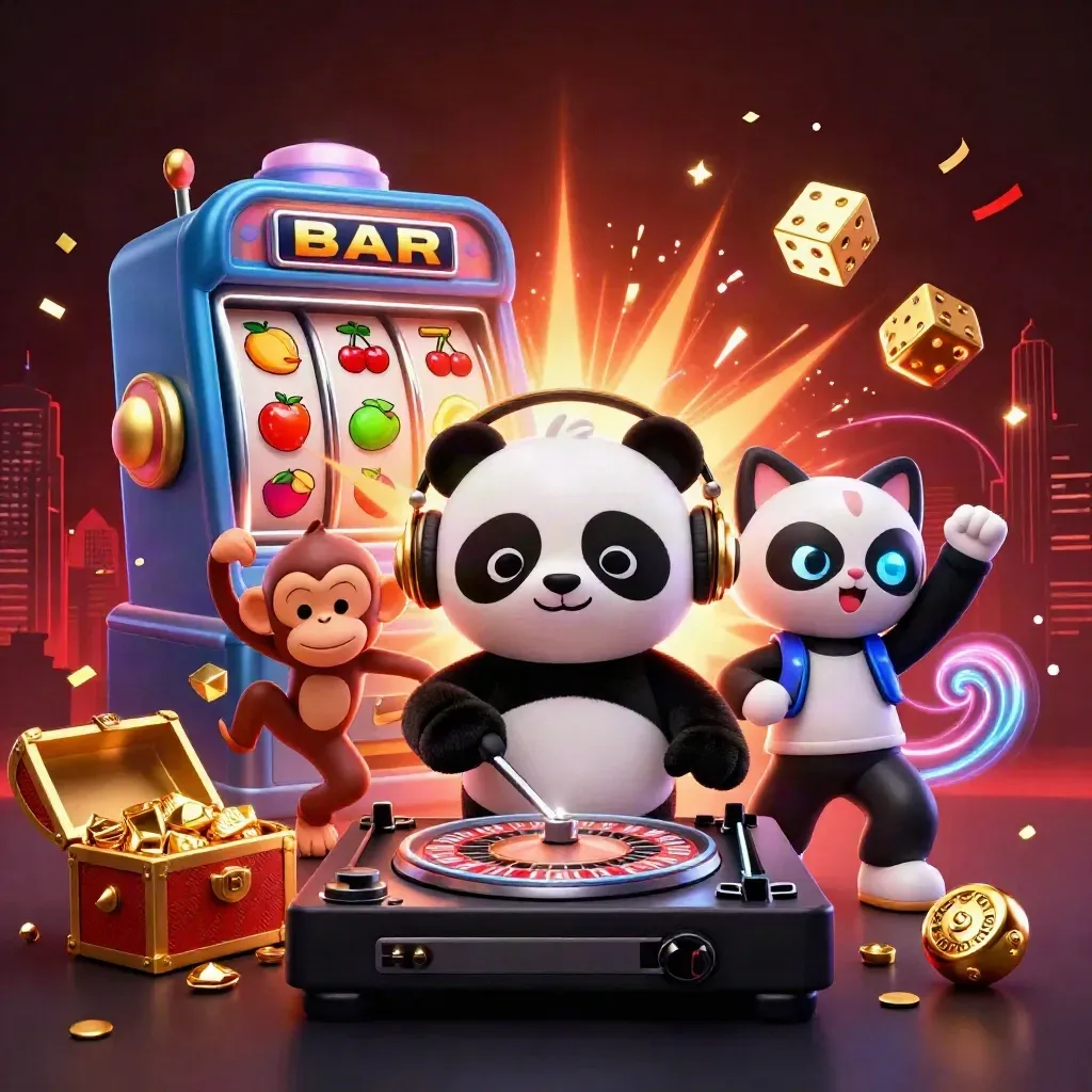 DJ panda, breakdans eden maymun ve neon kedisi; slot patlaması, altın, konfeti ve şehir silueti