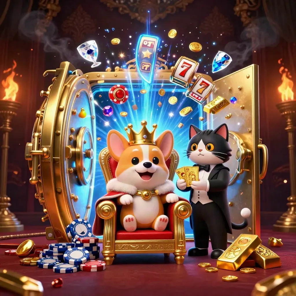 Taçlı köpek, kedi uşak ve hazine patlamasıyla dolu neon mavi casino ana görseli