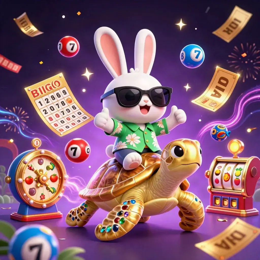 Güneş gözlüklü tavşan altın kaplumbağa üstünde, neon casino efektleri ve oyun sembolleriyle