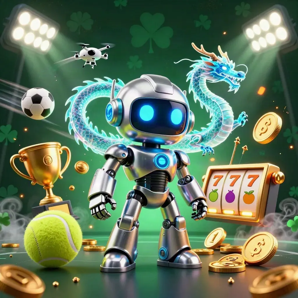 Neon robot, holografik ejderha ve coin dronlu, slot sembollü casino oyun görseli.