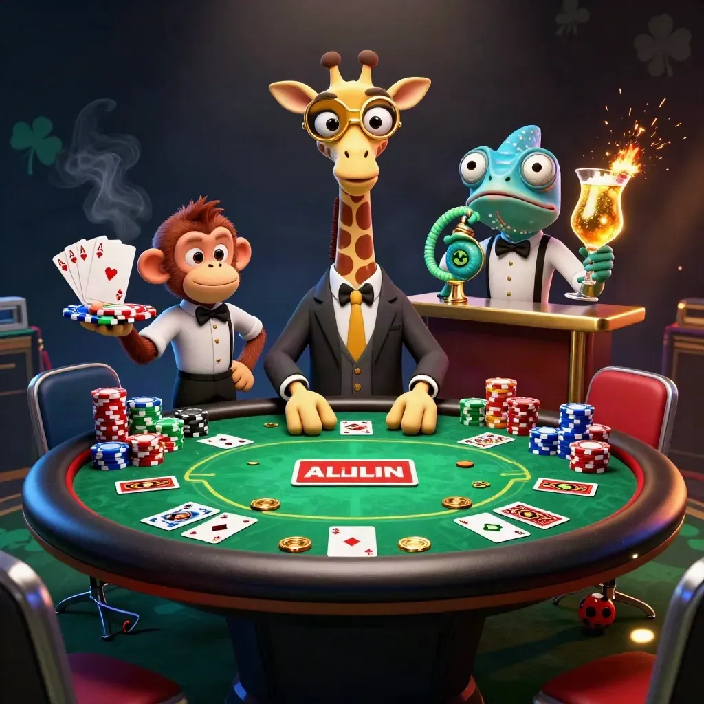 Takım elbiseli zürafa, maymun ve bukalemunlu neon casino poker sahnesi