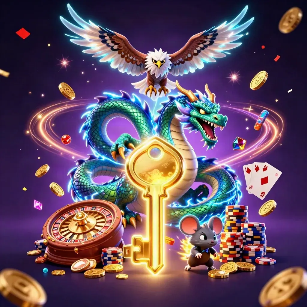 Ejderha, şahin ve fare; altın jetonlar, rulet ve kartlarla neon casino sahnesi.