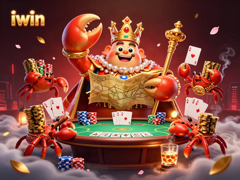 Experience iwin's vibrant casino world with a golden crab emperor and dynamic poker scene.