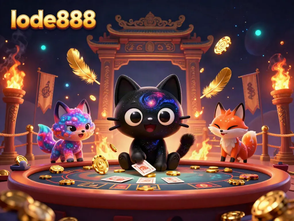 Join the excitement of lode888 with a cosmic casino scene featuring a galactic cat and nebula fox.