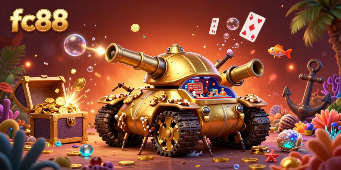 Experience the vibrant gambling excitement with fc88 in a dynamic casino illustration featuring a golden beetle tank.