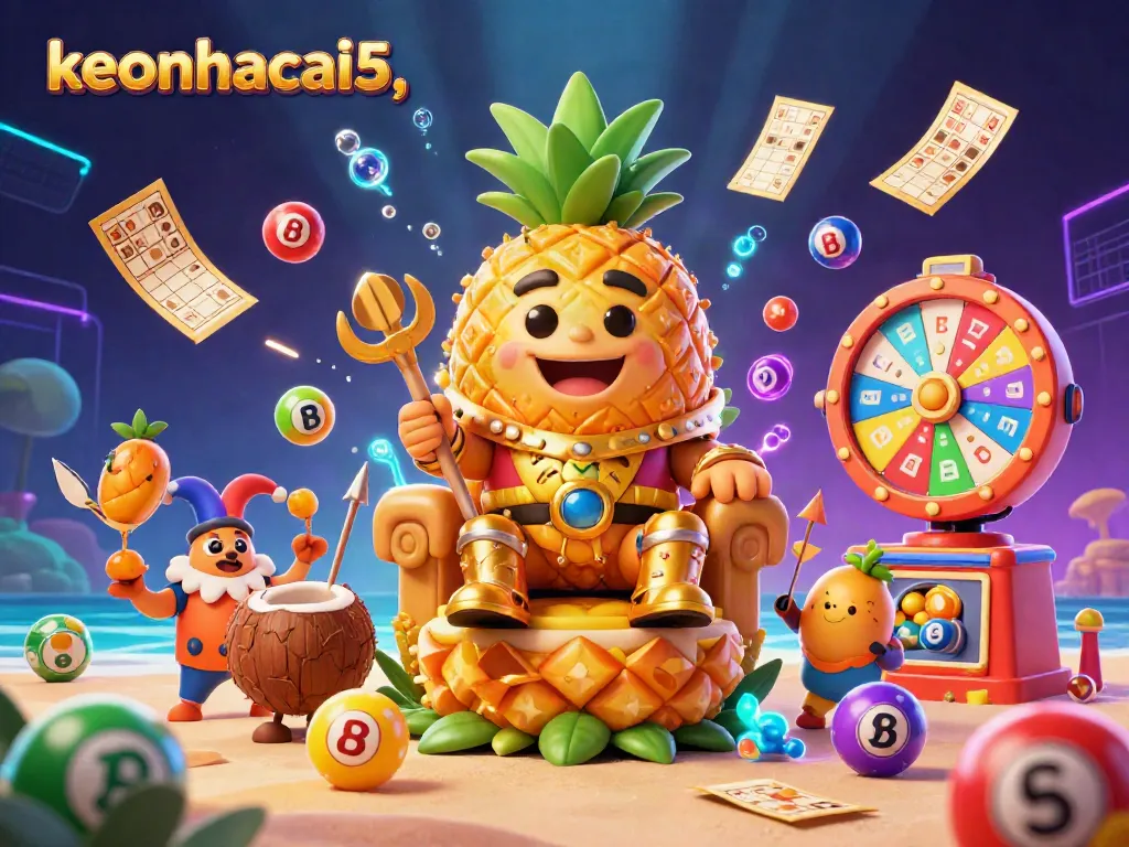 Experience the lively action of keonhacai5 with a colorful casino scene featuring a whimsical pineapple king reigning over dynamic lottery elements.