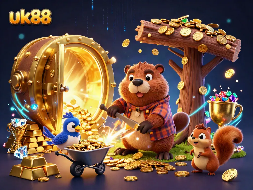uk88 showcases a lively 3D cartoon scene of a cheerful beaver collecting golden coins, vibrant gems, and treasures.