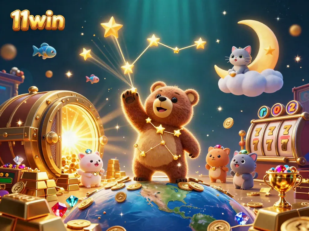 Experience thrilling wins with 11win's vibrant gaming atmosphere, featuring a constellation bear and dynamic casino elements.