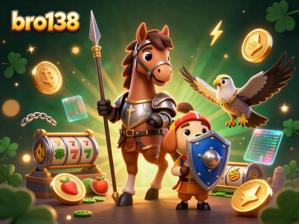 Engage with bro138's exciting casino action in a vibrant 3D scene featuring knights, crypto coins, and slot elements.