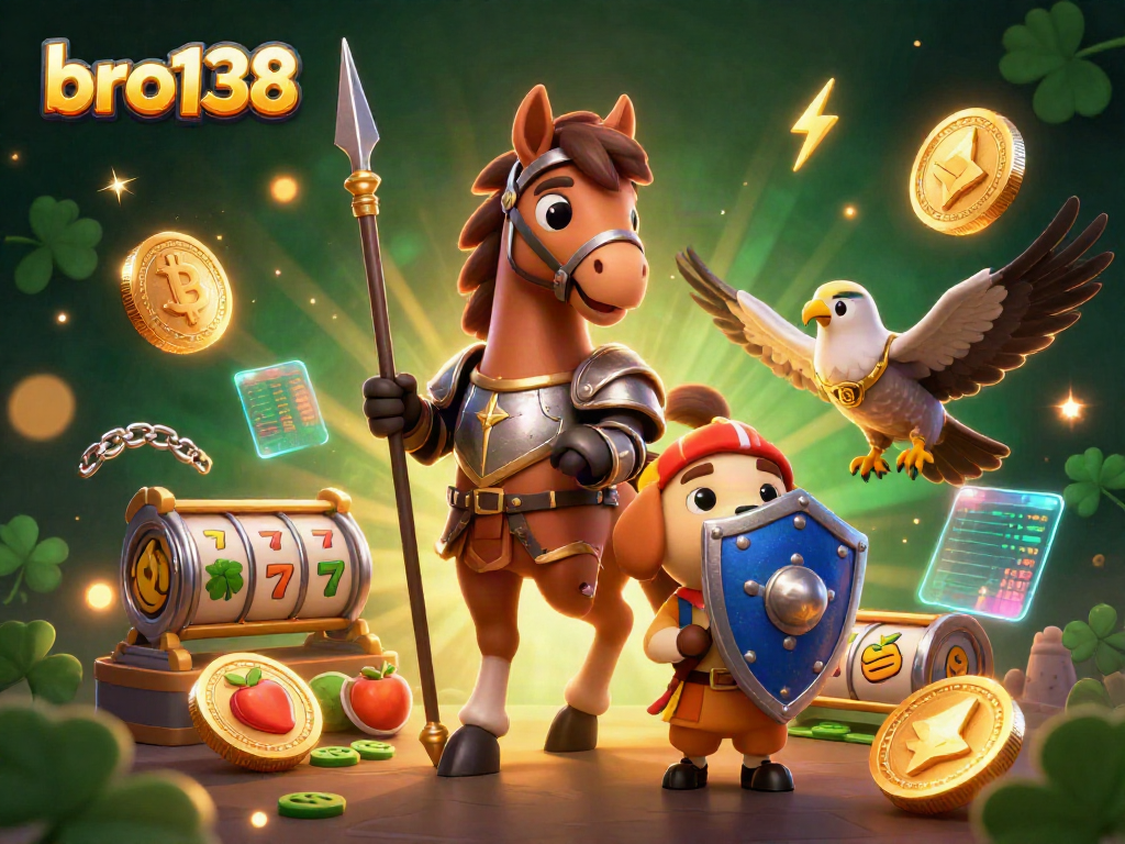 Engage with bro138's exciting casino action in a vibrant 3D scene featuring knights, crypto coins, and slot elements.