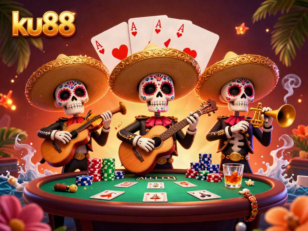Experience exciting gameplay with ku88's vibrant mariachi band amidst a lively poker scene.