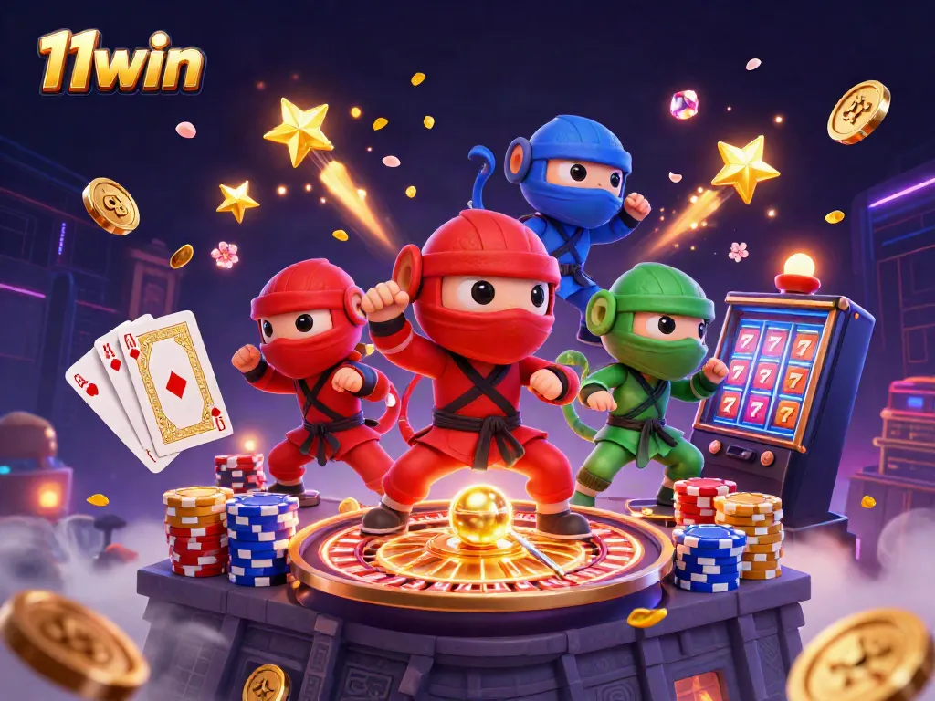 Join the vibrant action of 11win with ninja chameleons celebrating casino winnings amidst sparkling coins and roulette excitement.