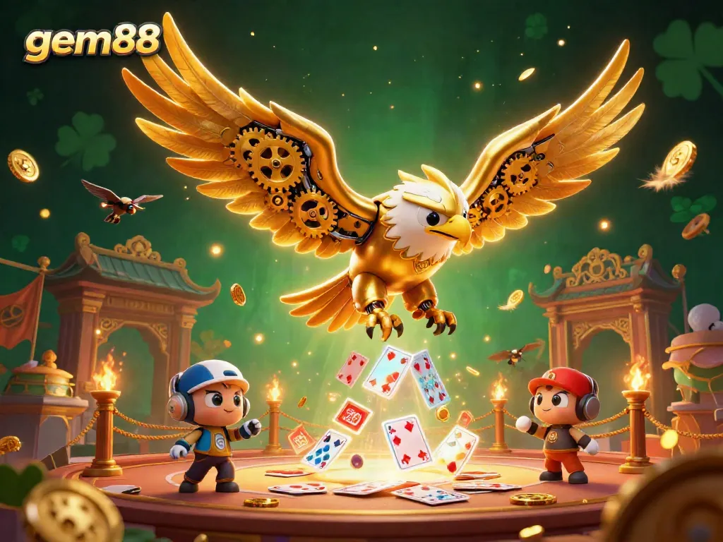 Experience thrilling moments with gem88 as a cybernetic golden eagle dives through holographic cards, surrounded by dynamic gambling elements.