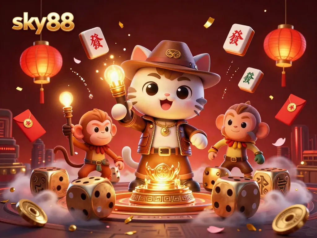 Experience thrilling discoveries at sky88 with a 3D explorer cat uncovering golden casino artifacts.