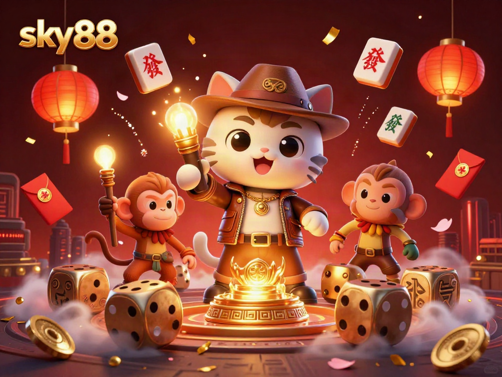 Experience thrilling discoveries at sky88 with a 3D explorer cat uncovering golden casino artifacts.