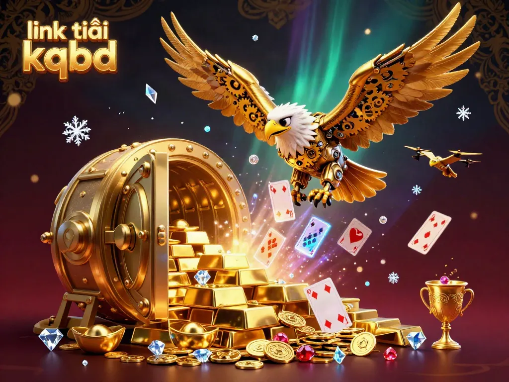 Engage with the link vào kqbd as a cybernetic eagle dives through holographic cards amidst a treasure vault backdrop.