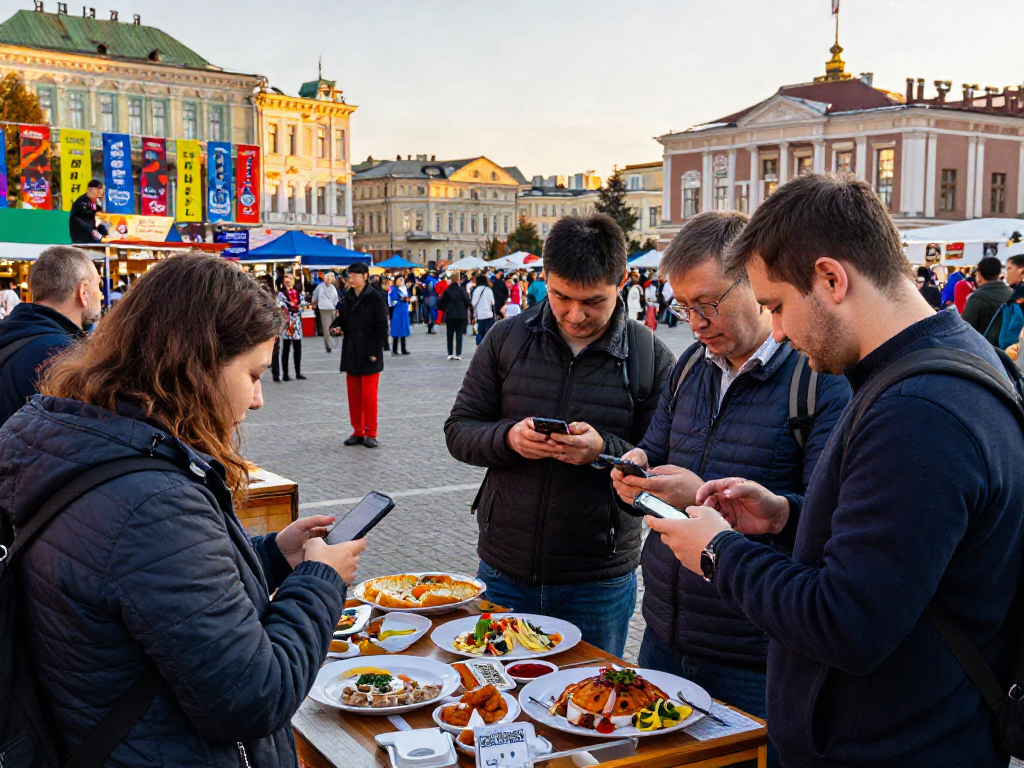 Rusya'da yurt dışı turistlerin ödeme yaparken etkileşimde bulunduğu canlı pazar görüntüsü, https://payinrussia.com/ ile kolay ödeme deneyimini yansıtıyor.