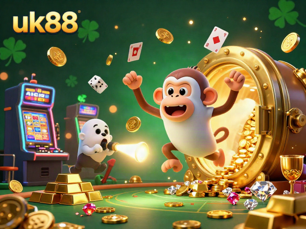 Join the thrills with uk88 as a mischievous monkey juggles in a lively casino scene.