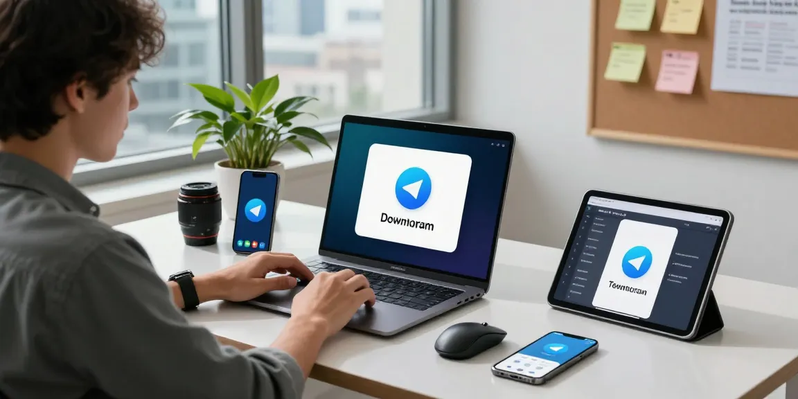 Download Telegram on various devices in a modern workspace with tech accessories