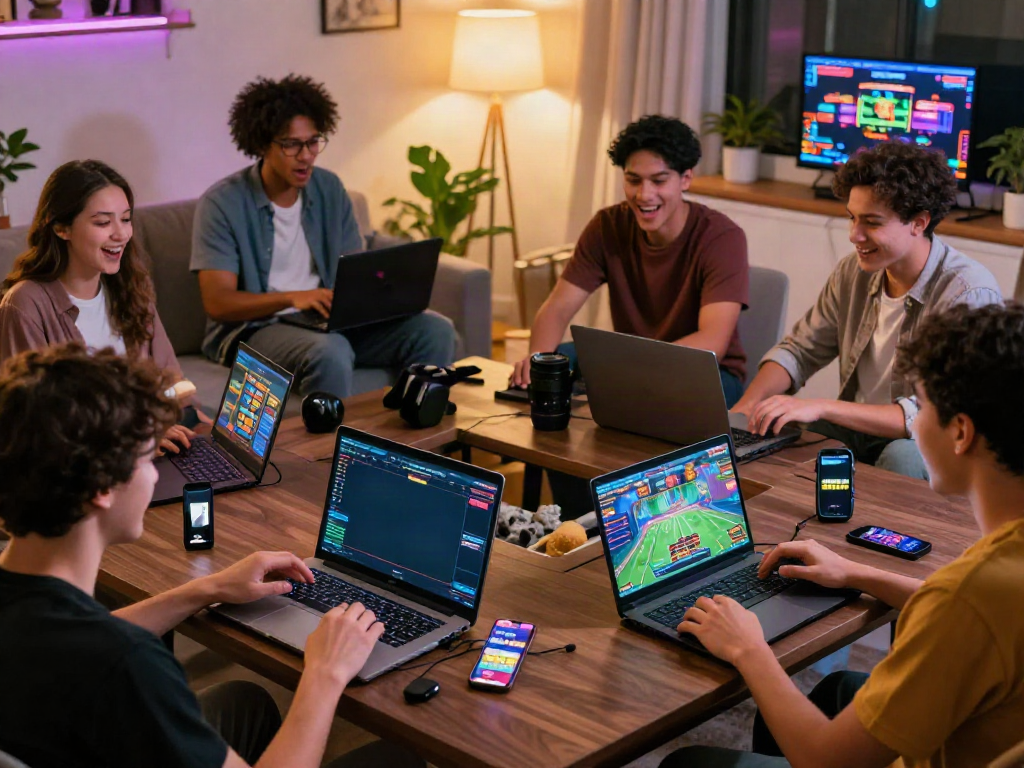 Friends enjoying interactive SKY88 gaming session in a cozy living room.