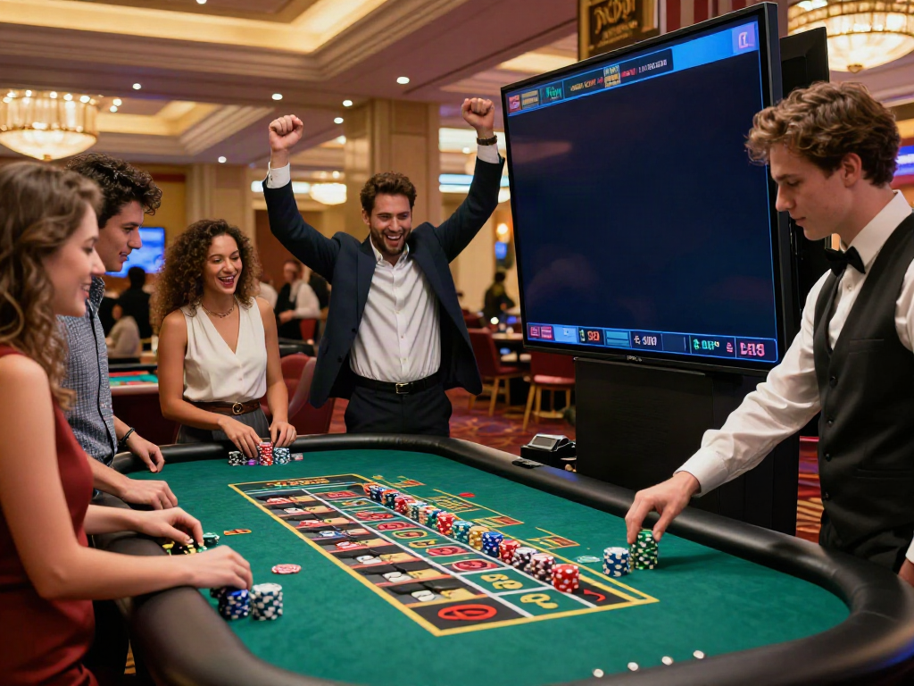 Friends enjoying roulette at a lively casino, showcasing excitement and vibrant gaming elements at fc88.