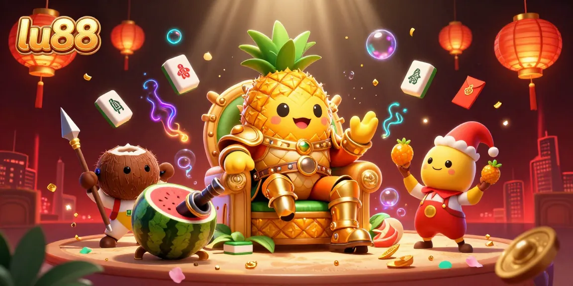 Engage with the vibrant lu88 gaming scene featuring a golden pineapple king amidst dynamic casino elements.