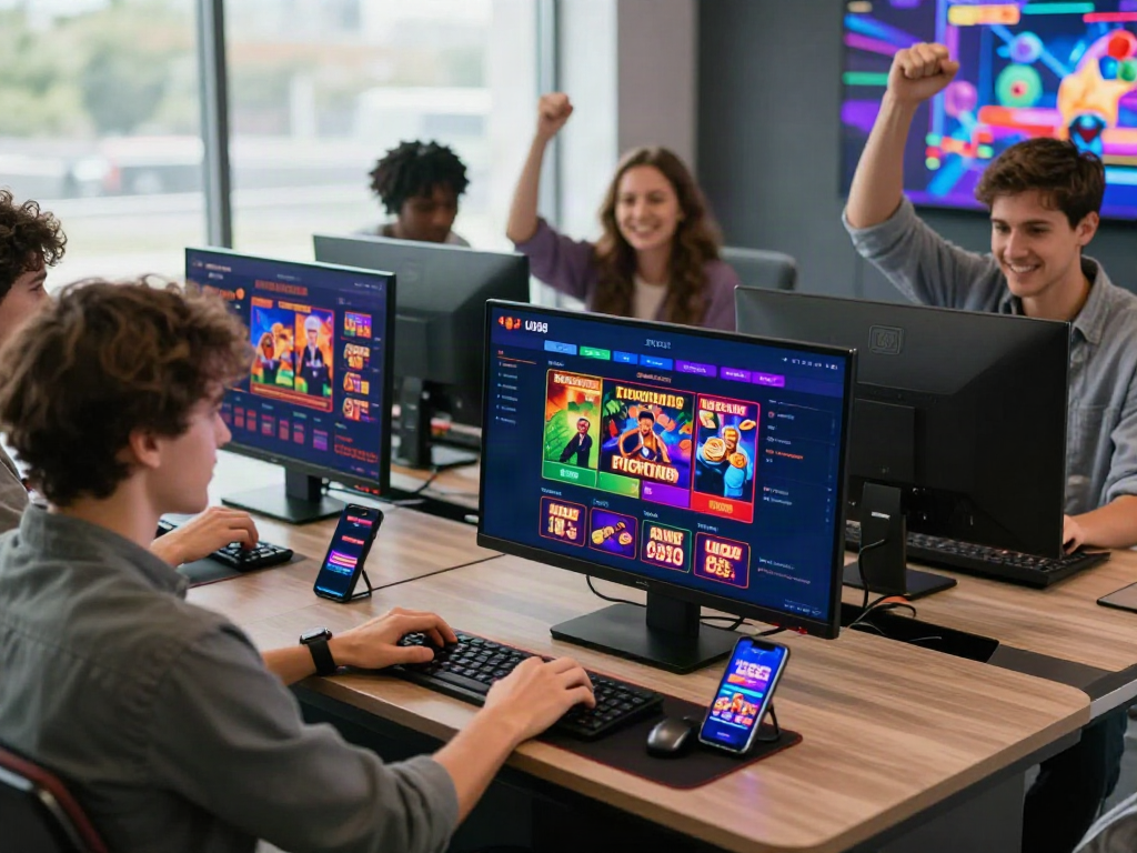 Group of enthusiastic players enjoying UK88's online betting platform with various gaming options displayed.
