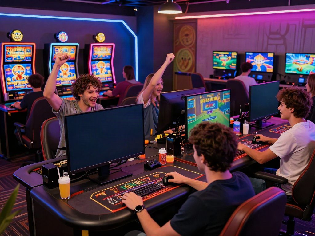 Nohuwin gaming environment with players celebrating wins in an engaging online gaming atmosphere.