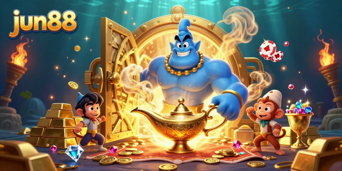 Experience thrilling wins at jun88 with a dynamic casino scene featuring a genie bringing luck!