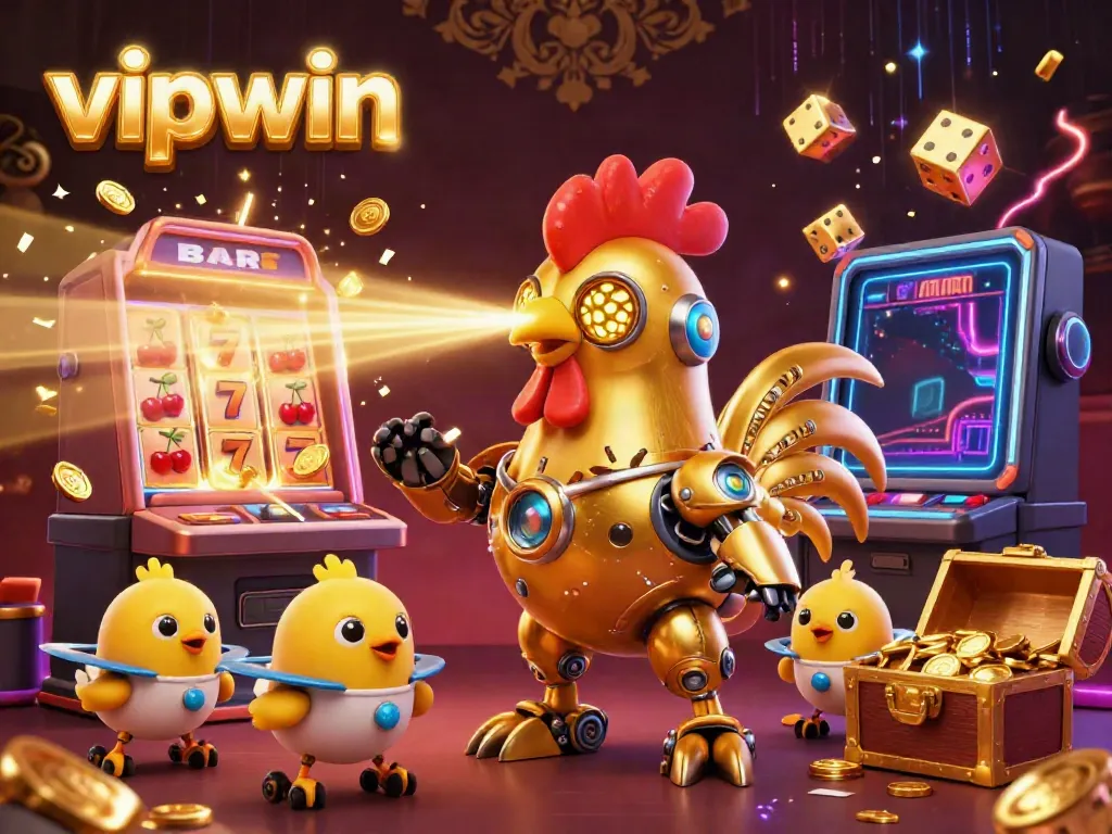 Experience vipwin's exciting features with a futuristic rooster robot amidst a casino scene filled with jackpots, neon lights, and vibrant elements.