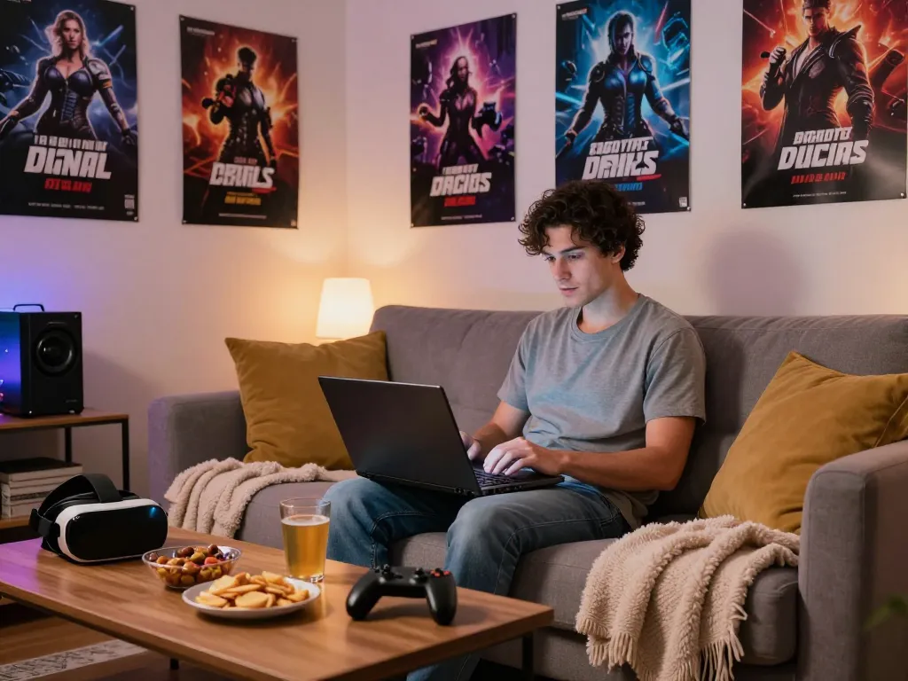 Player enjoying a porno game in a cozy living room setup with ambient lighting and gaming gear.