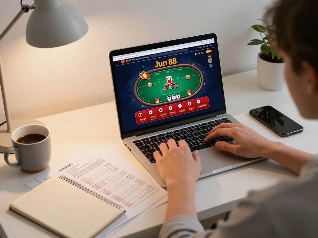 Engaging with Jun 88 online casino at home, showcasing a poker game setup and betting strategies.