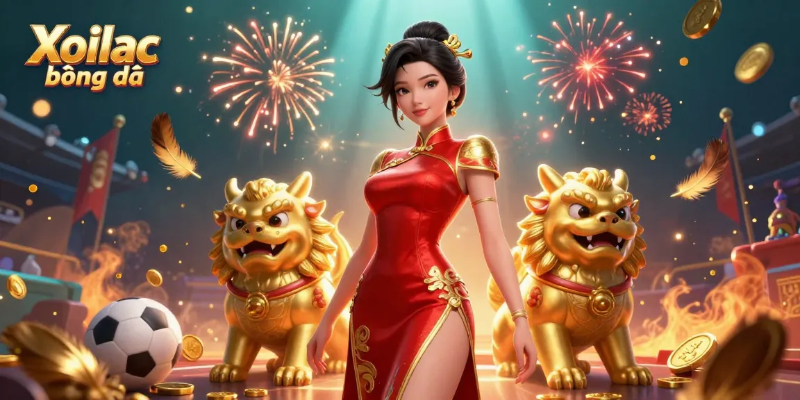 Xoilac bóng đá showcases dynamic sports betting elements with a stylish Asian figure amid fireworks.