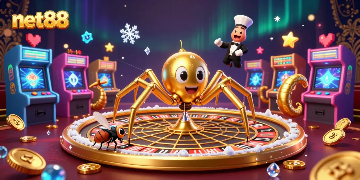 Experience the excitement of net88 as a golden spider spins a roulette wheel web with vibrant arcade elements.