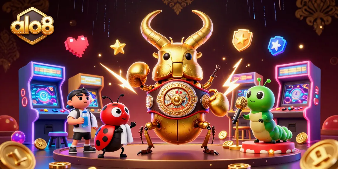 Experience the thrill of alo8 with a colorful, vibrant 3D casino showdown featuring a boxing beetle and animated gaming elements.