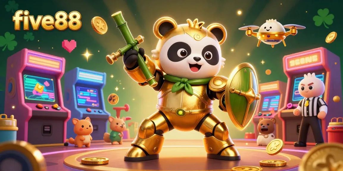 Experience the exciting world of five88's casino games with a vibrant golden panda battling in a dynamic arena.